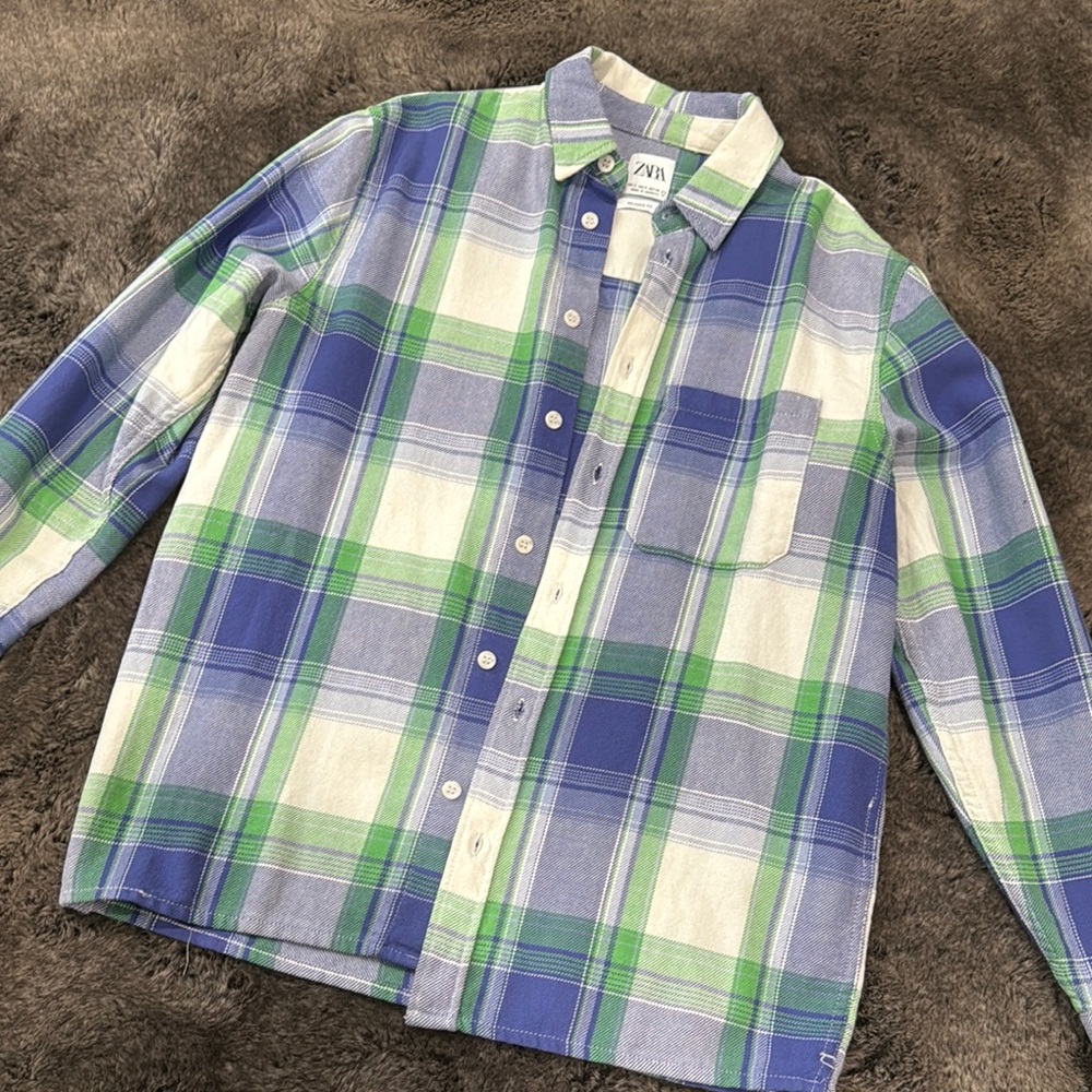 Zara Men's Blue and Green Plaid Shirt